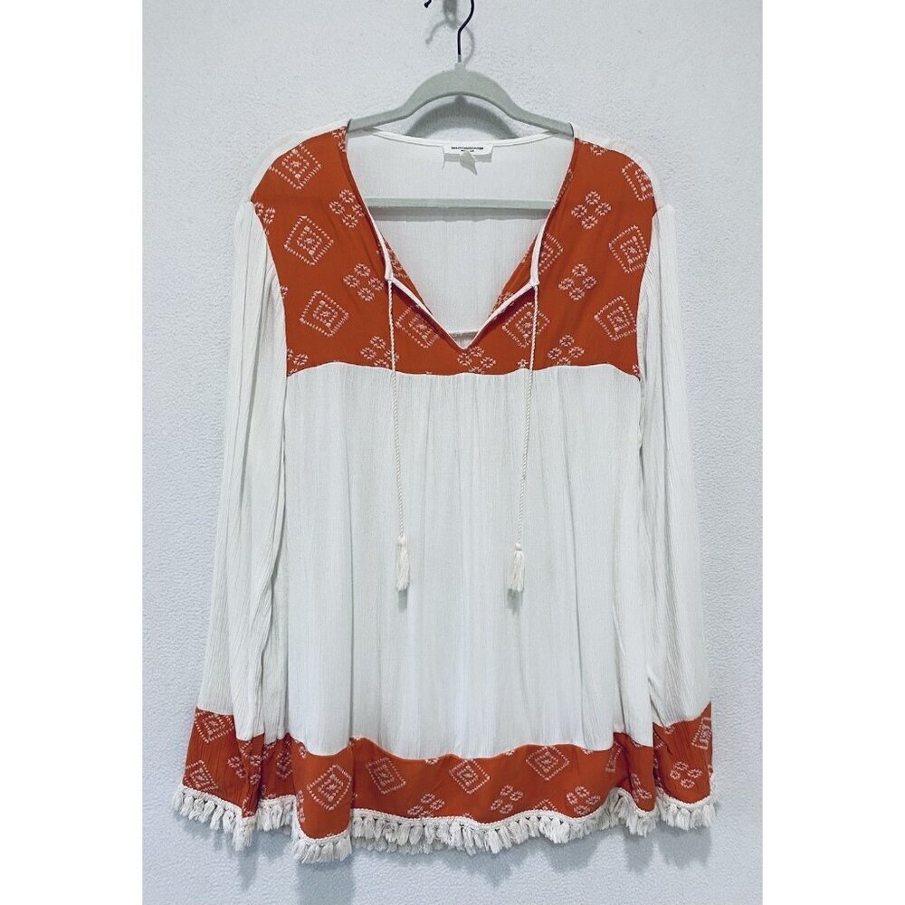 Beach Lunch Lounge Top Womens XL Boho Embroidered Tassel Fringe Hem Western